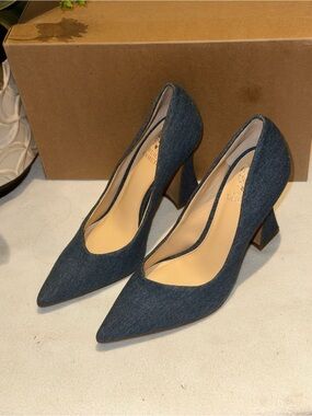 Vince Camuto Akental Pointed-Toe Flare-Heel Pumps in a classic medium-wash denim